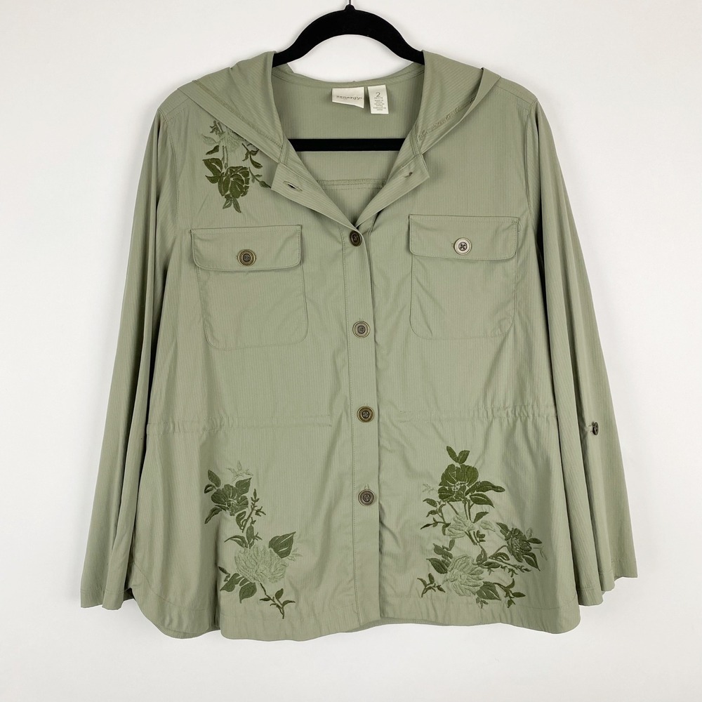 Zenergy by Chicos Hooded Utility Jacket Women 12 Petite Green Floral Embroidered